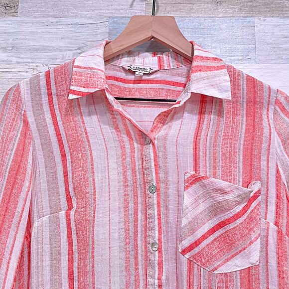 NANETTE LEPORE Longline Polo Collar Popover Top Coral Stripe Slits Womens Small - Picture 2 of 7
